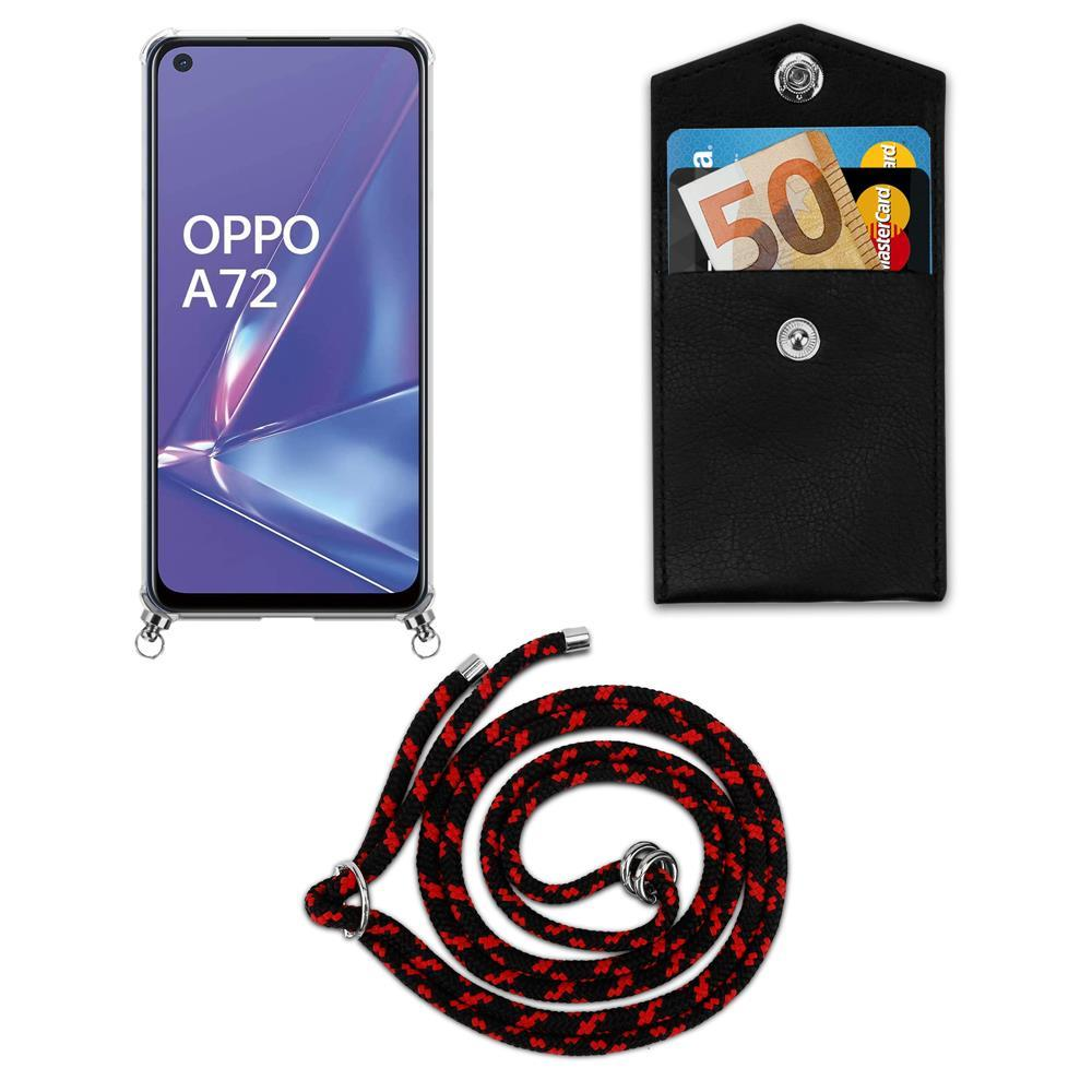 Ein OPPO A72 Handy, eine schwarze Tasche mit Geld und Karten, und ein rotes/schwarzes Lanyard.
