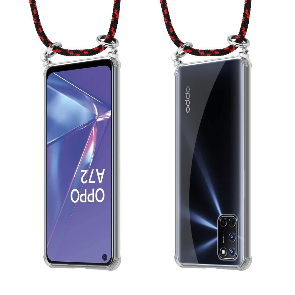 Vorder- und Rückansicht eines transparent geschützten OPPO A72 Smartphones mit Lanyard.