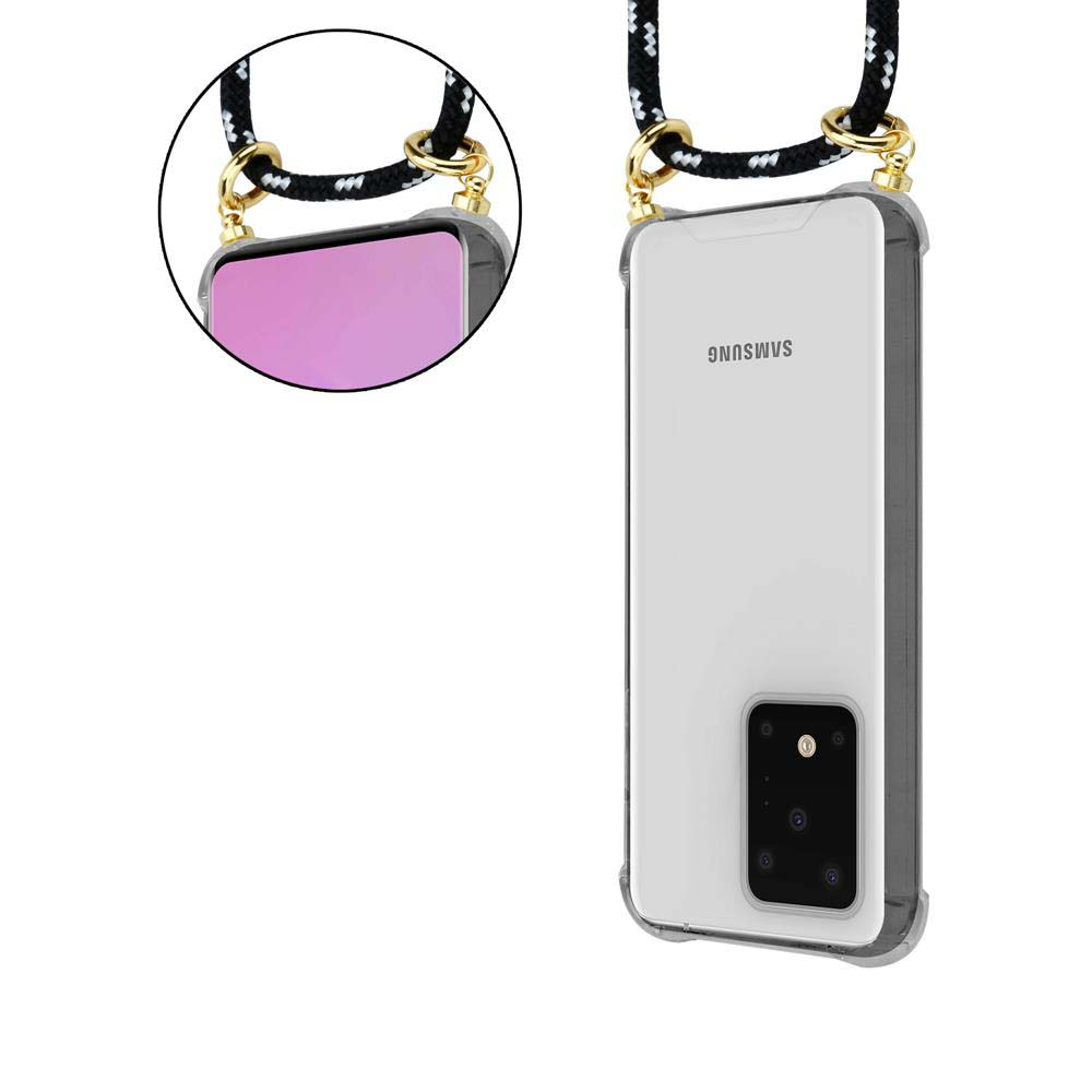 Uno smartphone Samsung in custodia trasparente con cordino bianco e nero.