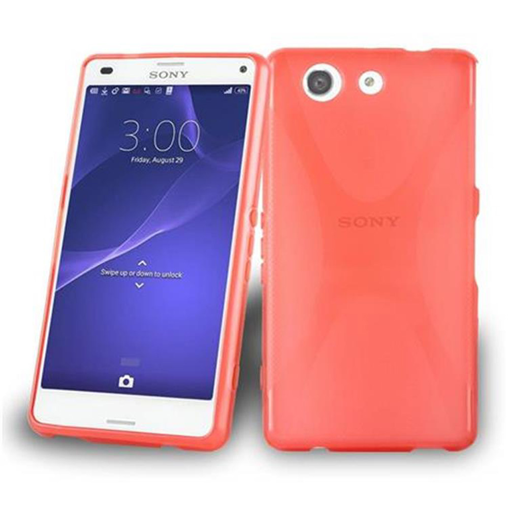 Un smartphone Sony rojo coral con funda, colocado sobre su lado izquierdo.