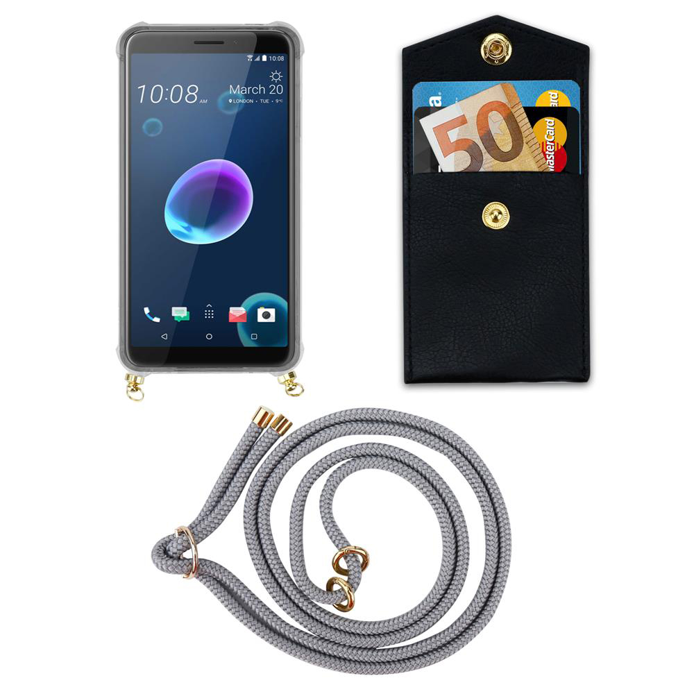 Smartphone mit Hülle, Portemonnaie mit Geld und Karten, und ein graues Ladekabel.