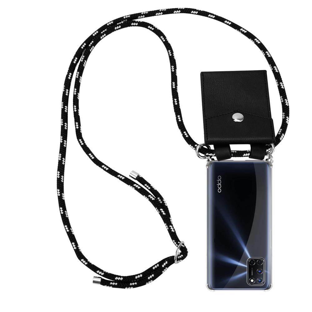 Schwarzes Handy mit Trageband und schwarzer Tasche auf weißem Hintergrund.