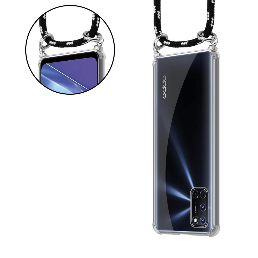 Schwarzes und weißes Band an einem transparenten Handyhülle mit OPPO-Logo.