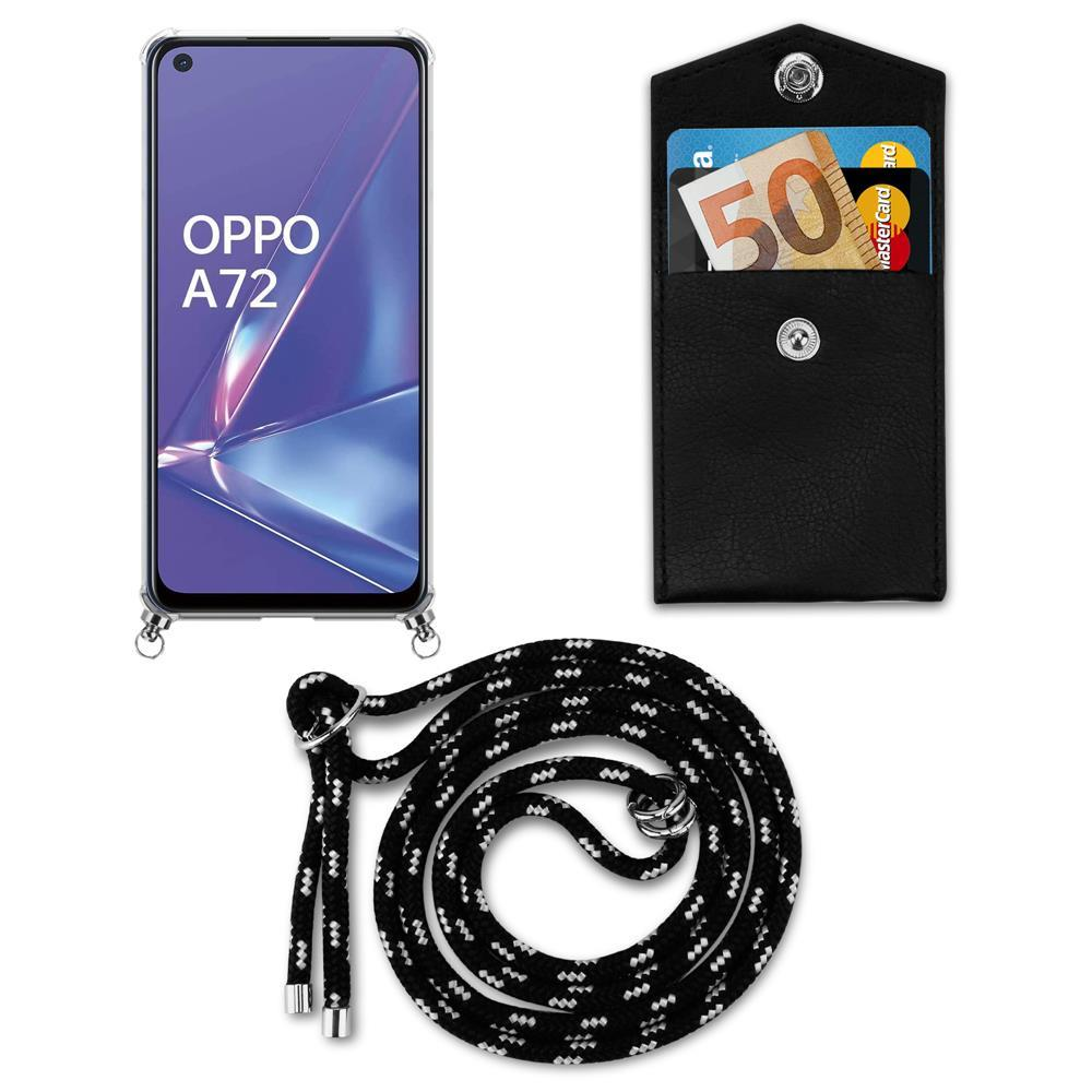 OPPO A72 Handy mit schwarzer Umhängetasche, 50-Euro-Schein und Lanyard.