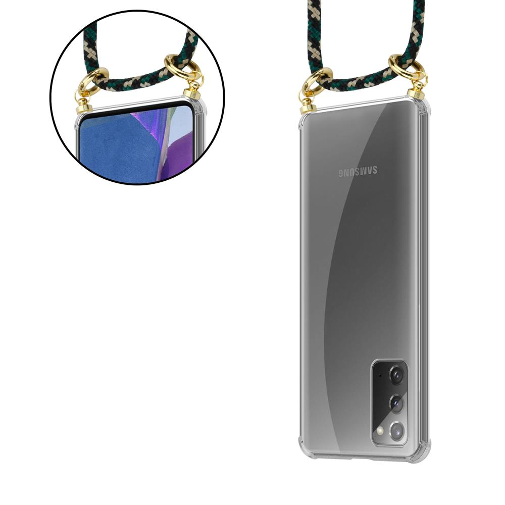 Una cover trasparente per telefono con tracolla, retro smartphone visibile.
