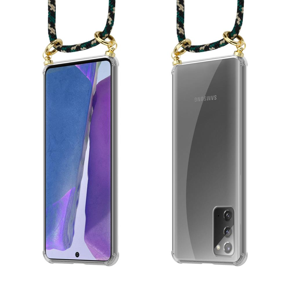 Smartphone in custodia trasparente con cordino, vista frontale e posteriore.