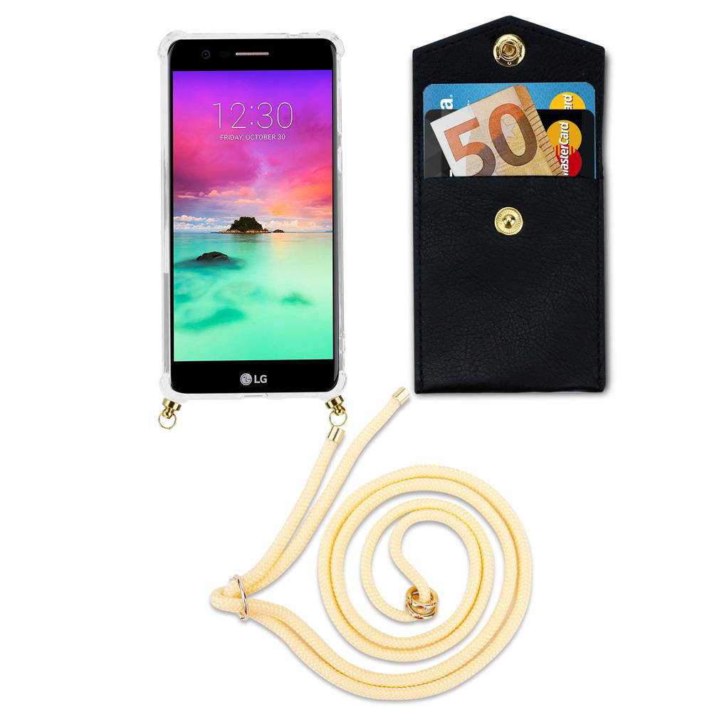 Ein Smartphone mit einer Schutzhülle, einer Brieftasche und einer Schnur auf weißem Hintergrund.