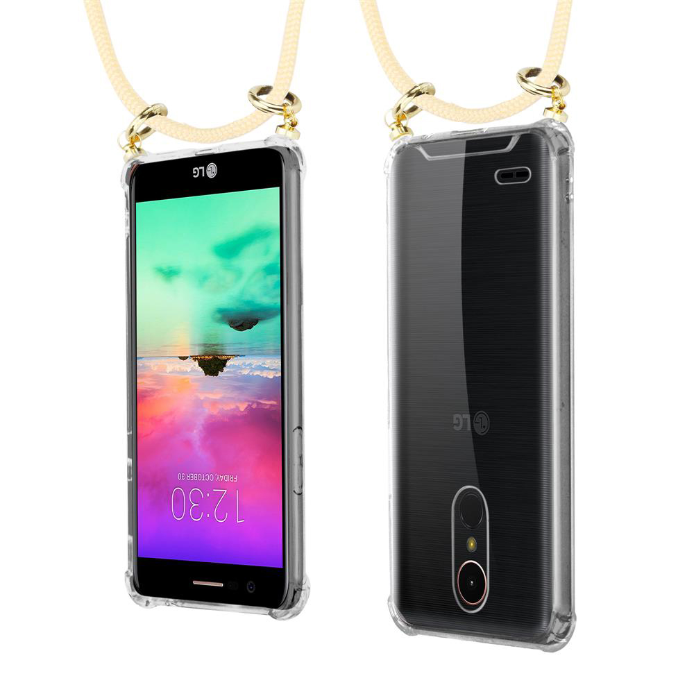 LG Smartphone mit transparentem Case und Lanyard, Vorder- und Rückansicht.