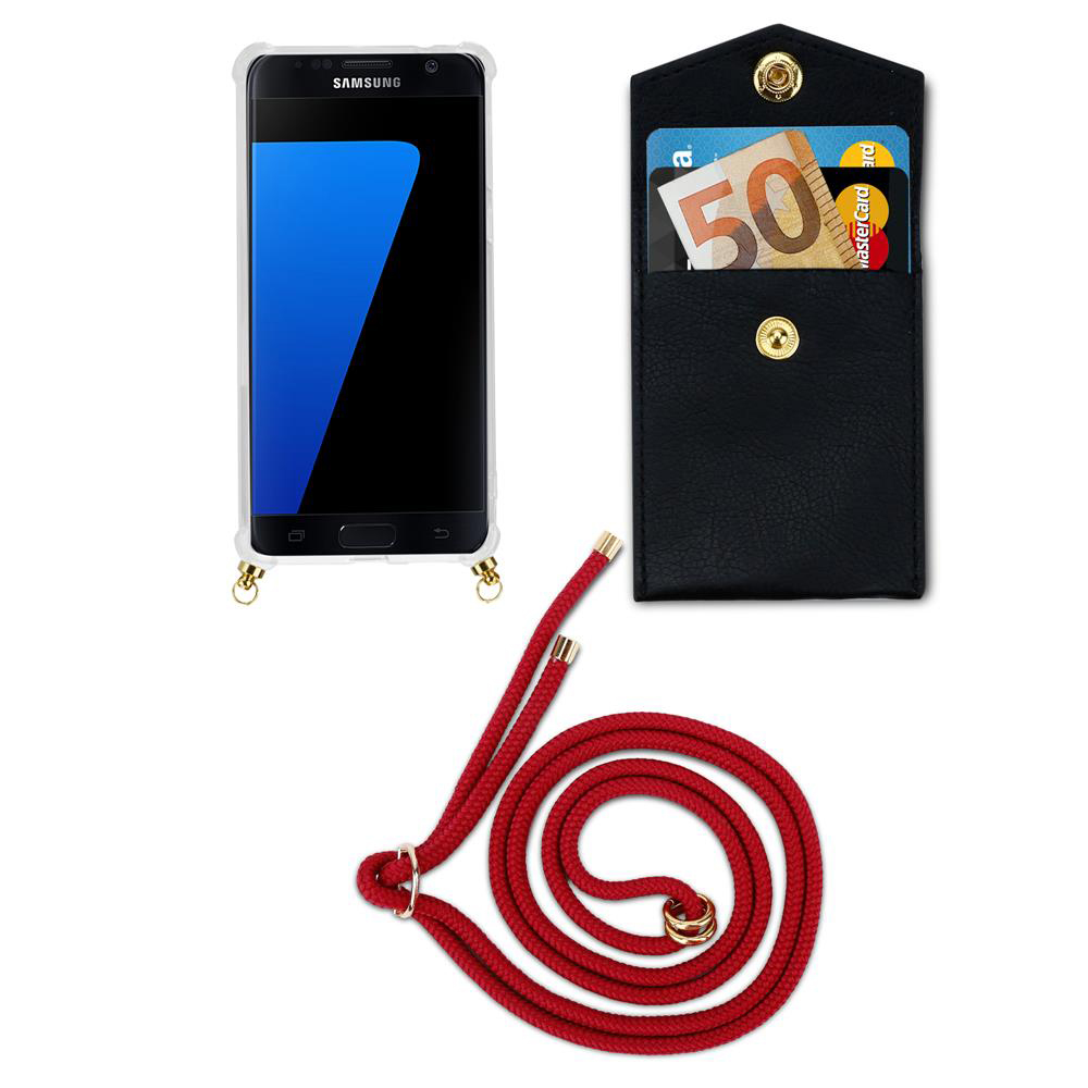 Telefono Samsung con porta carte nero e cordino rosso su sfondo bianco.