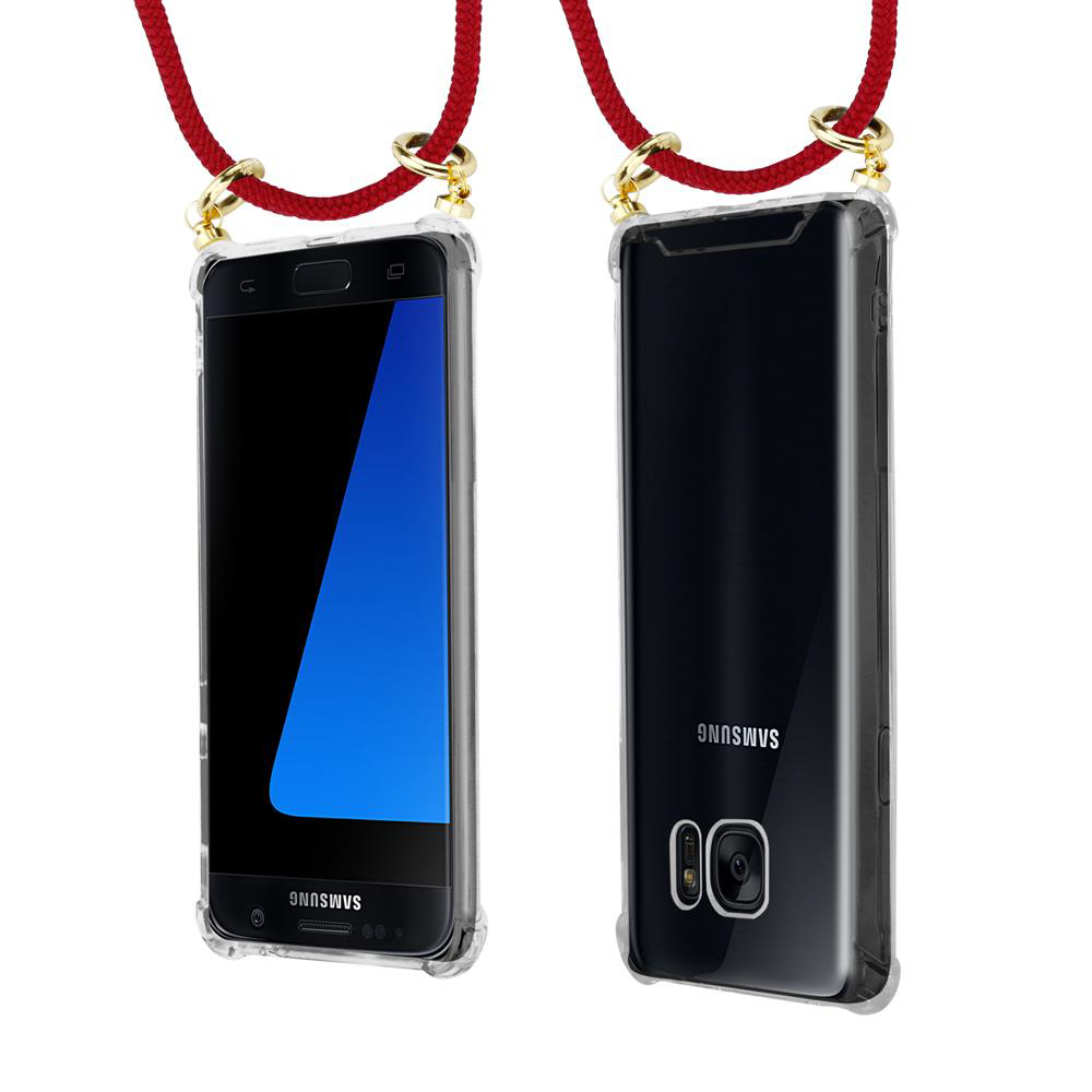 Uno smartphone in custodia trasparente con cordino rosso e anelli dorati. Viste frontale e posteriore.