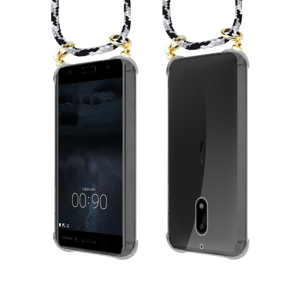 Ein Smartphone mit einem transparenten Gehäuse und einem geflochtenen Lanyard.