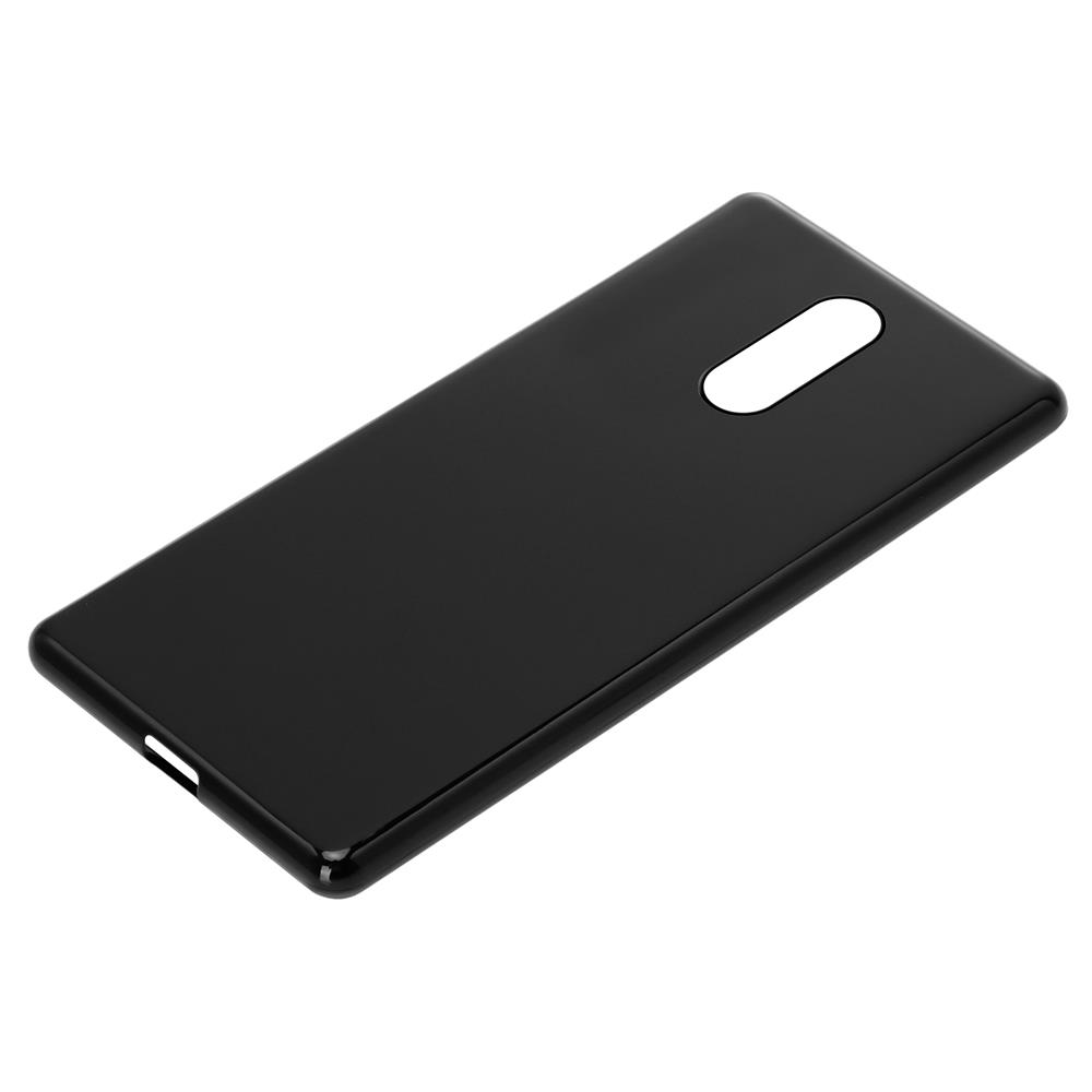 Una cover nera per telefono con ritaglio fotocamera, su sfondo bianco.