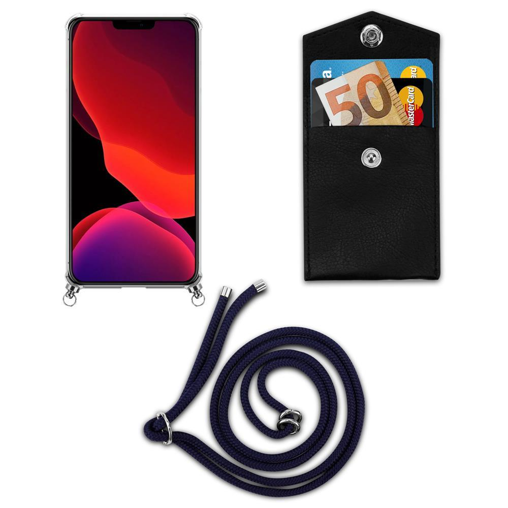 Uno smartphone con sfondo rosso, una tasca nera con soldi e carte, e un cordino blu.