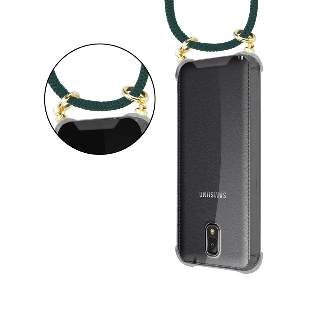 Uno smartphone in una custodia trasparente con un cordino verde.