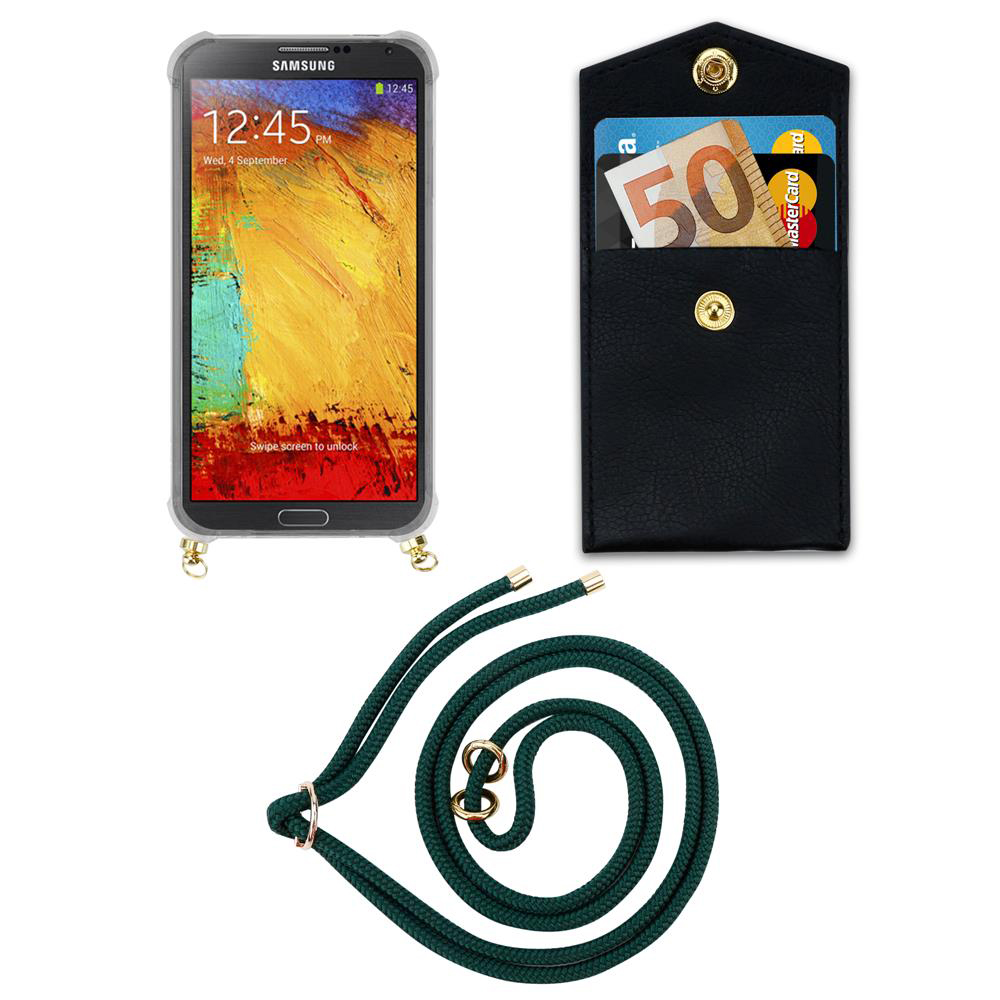 Uno smartphone con custodia, una tasca portacarte nera e un laccetto verde.