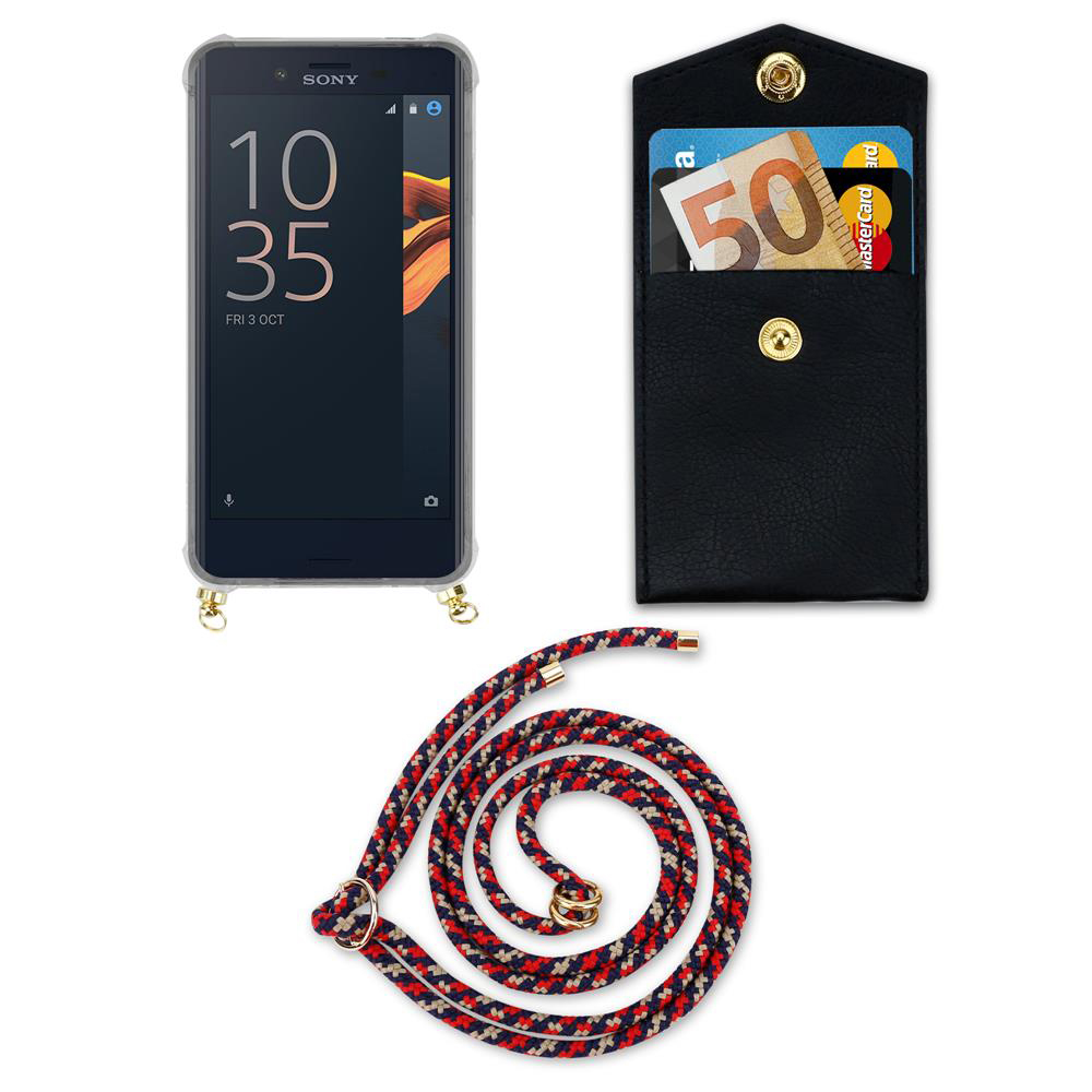 Teléfono Sony con funda, tarjetero negro con billete de 50€ y tarjeta.