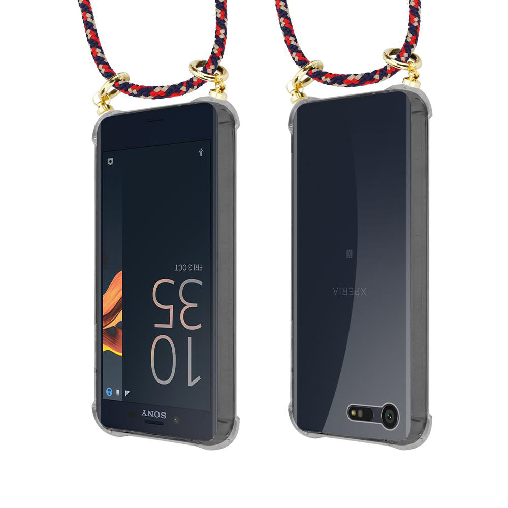 Dos vistas de una funda transparente para teléfono con cordón. Muestra anverso y reverso.