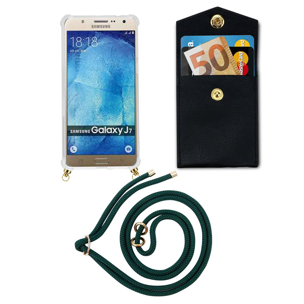 Custodia Samsung Galaxy J7 con tasca porta carte nera e cordino verde scuro.
