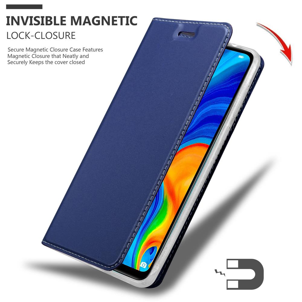Una custodia blu scuro per telefono con chiusura magnetica, che protegge uno smartphone.