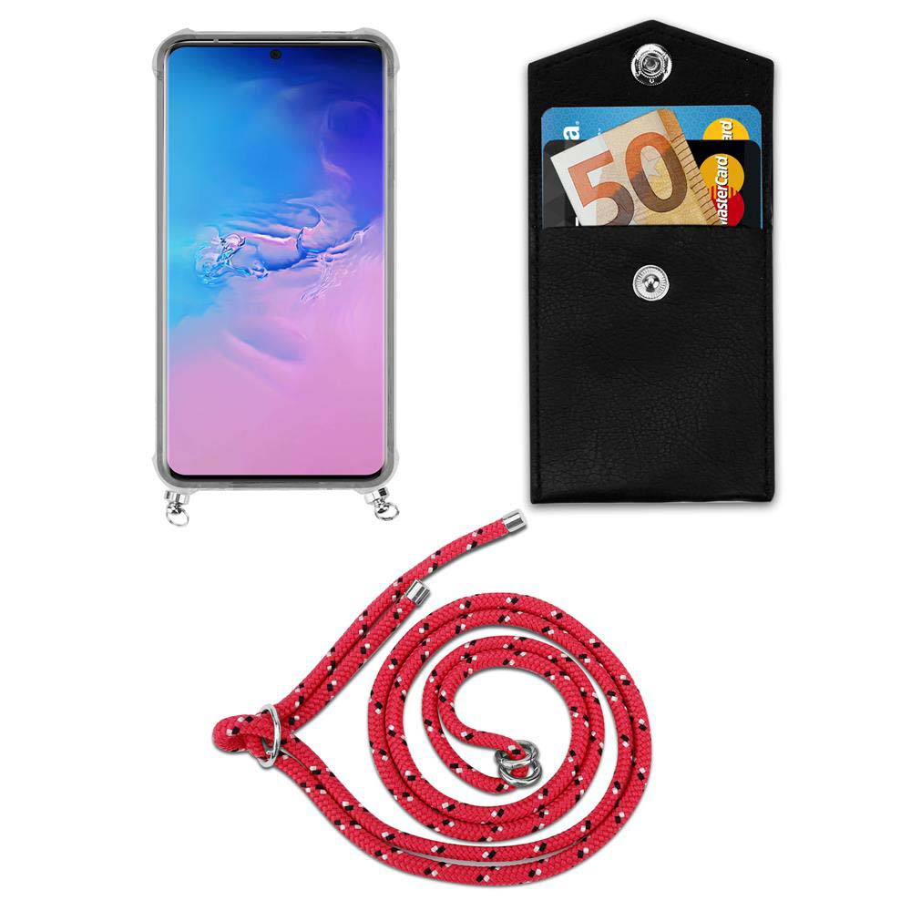 Uno smartphone, un portafoglio nero con soldi e carta, e un cordino rosso.