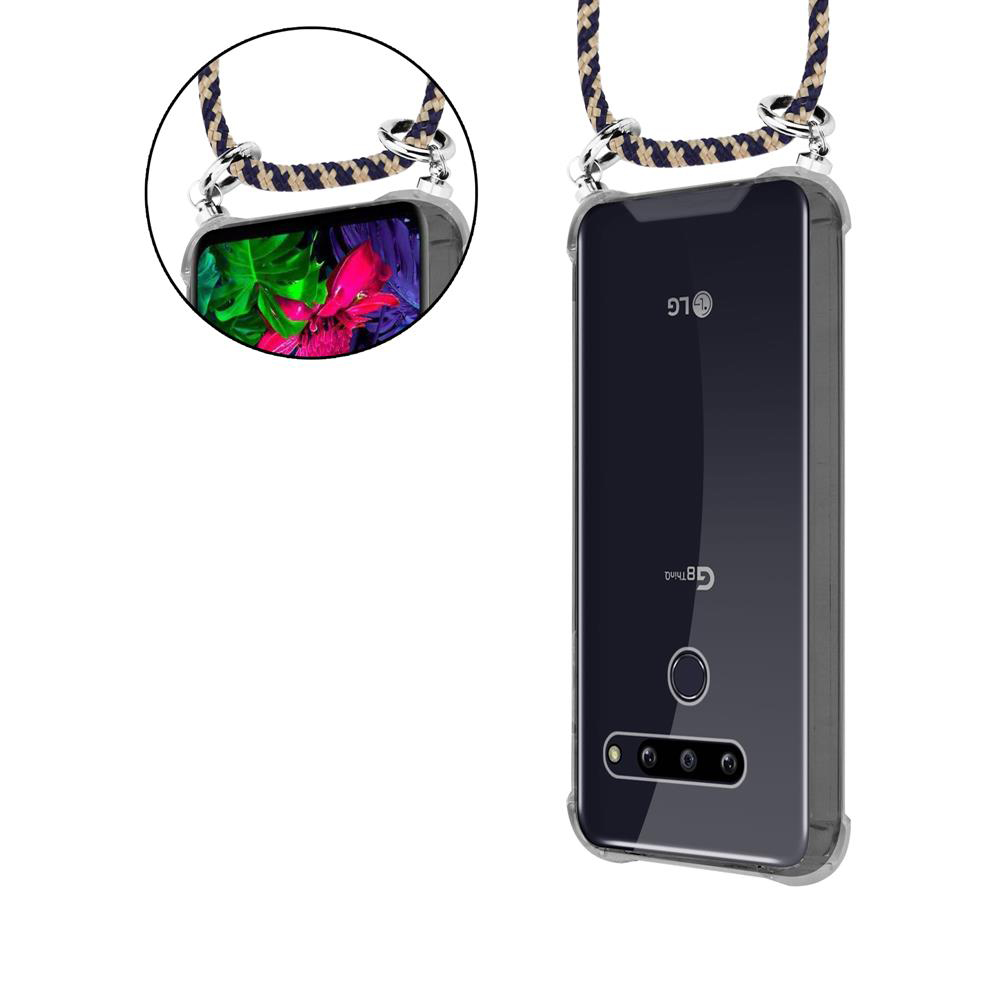 Ein durchsichtiges Handyhülle mit Lanyard und einem LG Smartphone mit Blumenhintergrund.