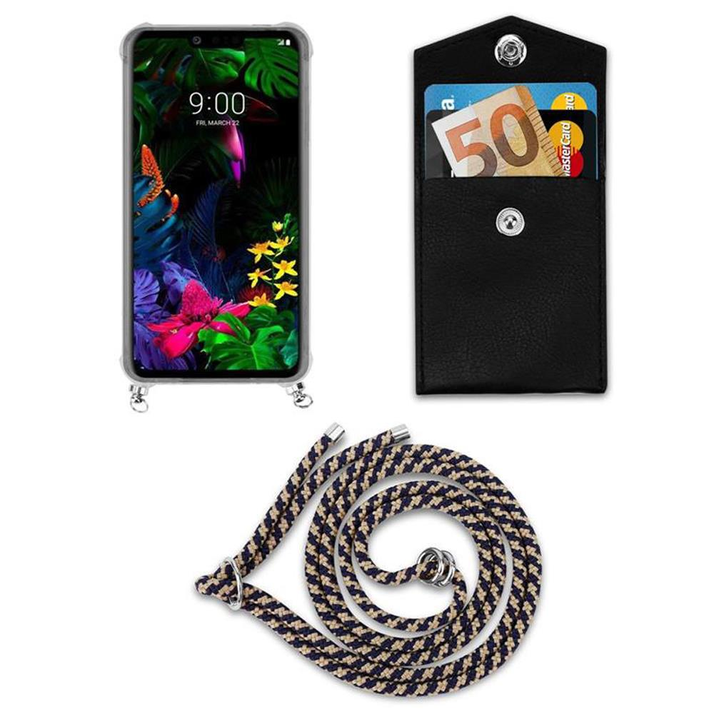 Smartphone mit Blumen-Wallpaper, schwarzes Portemonnaie mit Geldschein und Karten, Lanyard.