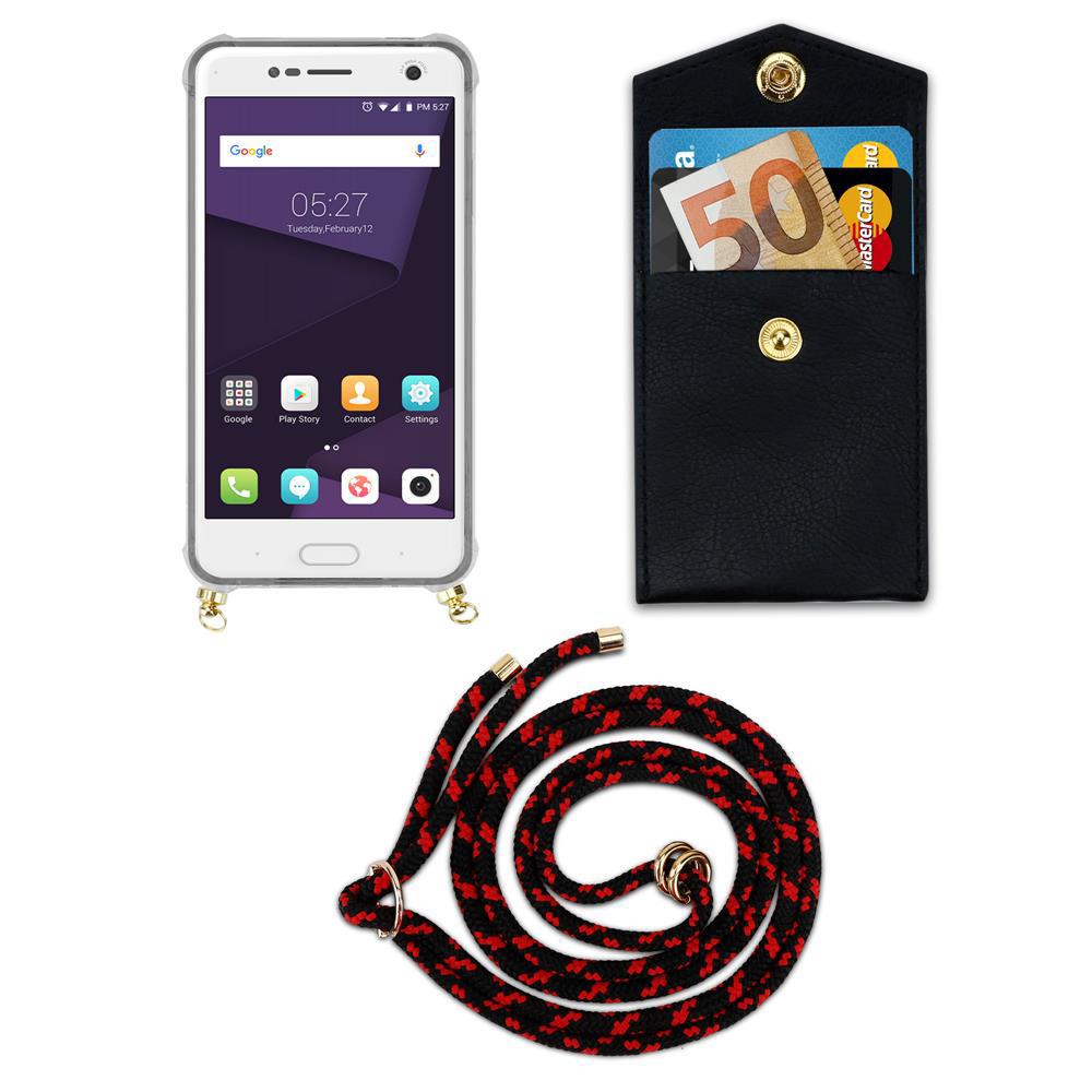 Smartphone mit Hülle, schwarze Brieftasche mit Geld und Karten, Lanyard.