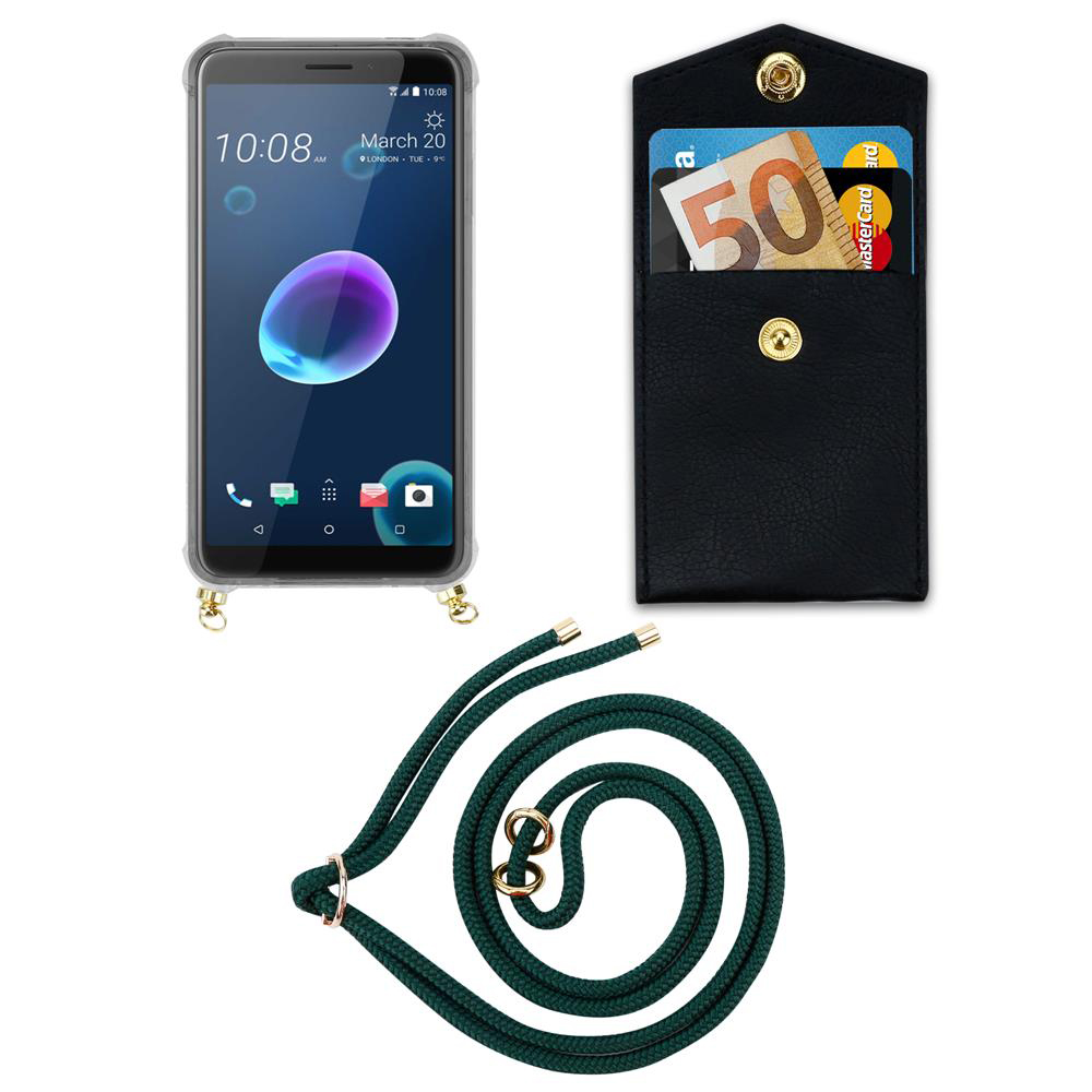 Smartphone mit Hülle, Portemonnaie mit Karten und Geld, und eine Schnur.