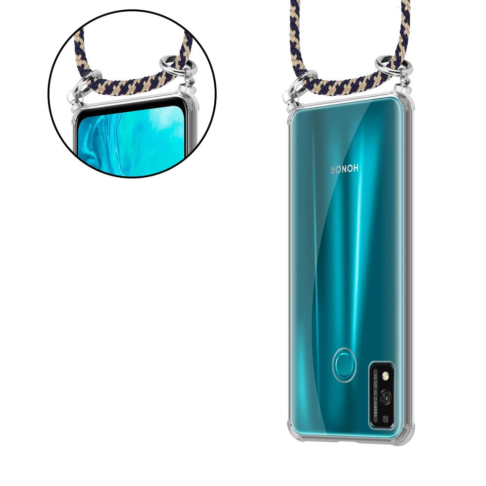 Una cover trasparente per telefono con cinturino blu e beige.