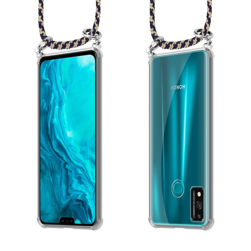 Uno smartphone Honor in custodia con laccetto, vista frontale e posteriore.