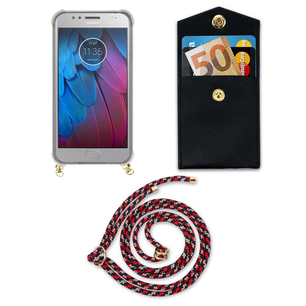 Uno smartphone in custodia, un portafoglio nero con soldi e carte, e un laccetto.