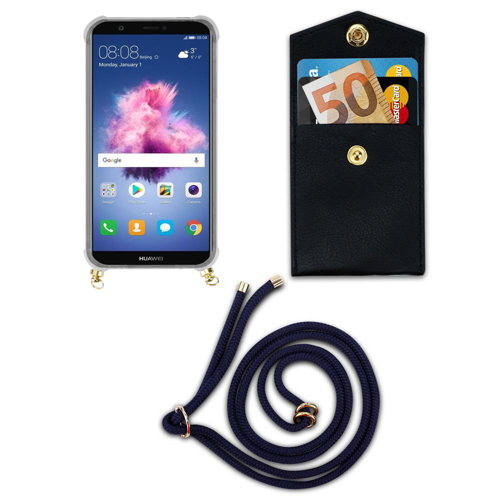 Una custodia nera con banconota da 50 euro, carte di credito e smartphone Huawei.