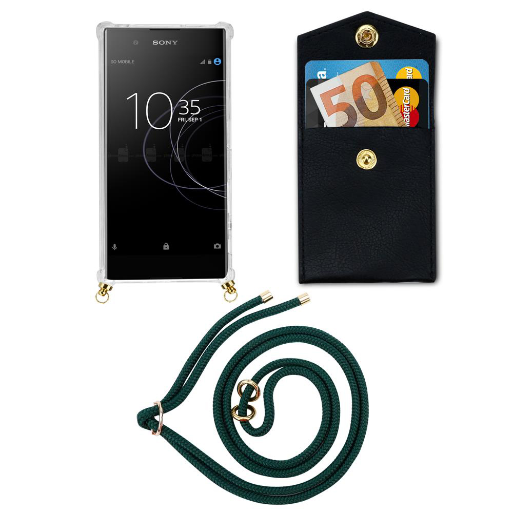 Ein Smartphone mit Hülle, eine schwarze Kartenhalter-Tasche und eine grüne Kordel auf weißem Hintergrund.