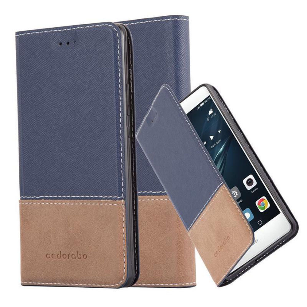 Blaues und braunes Handy-Flip-Case mit offenem Handy, das eine Uhrzeit von 08:08 anzeigt.