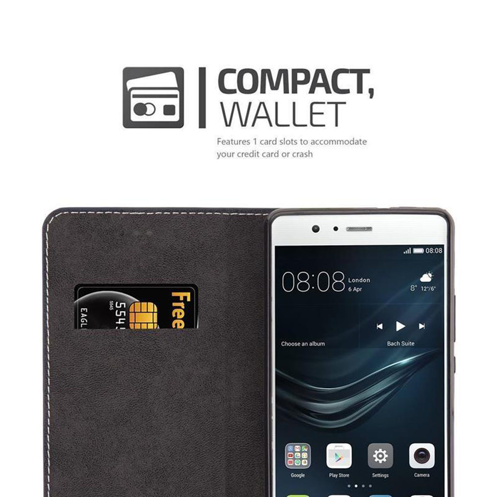 Schwarzes Wallet-Etui mit einem Smartphone. Eine Karte steckt im Etui.
