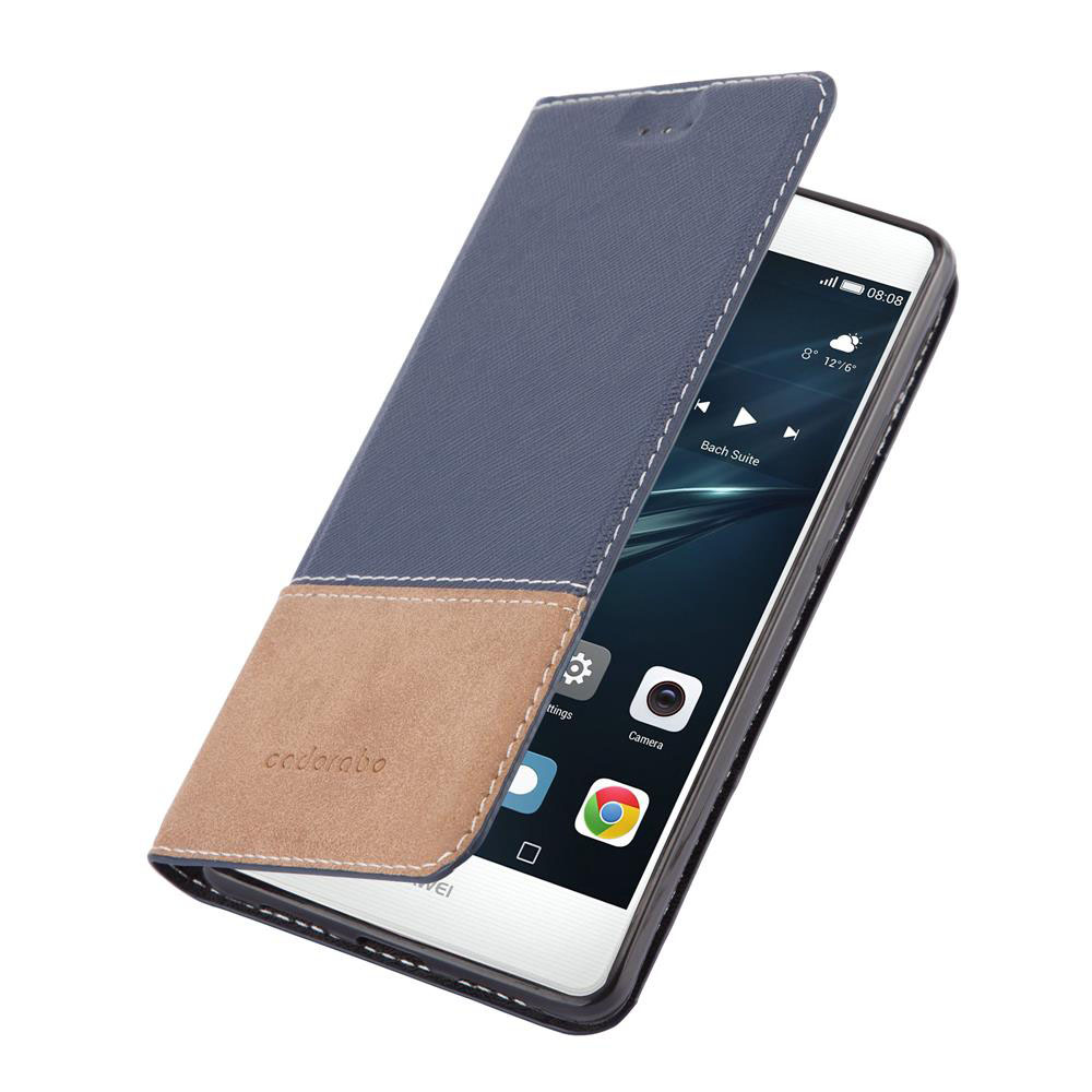 Blaues Handycover mit zwei Fächern, geöffnet, zeigt Telefonbildschirm.