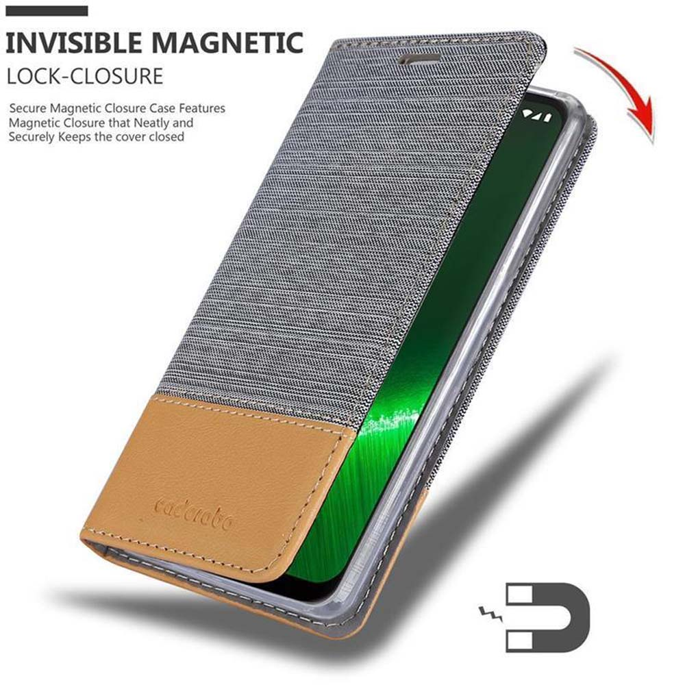 Custodia grigia per telefono con patta marrone e chiusura magnetica.