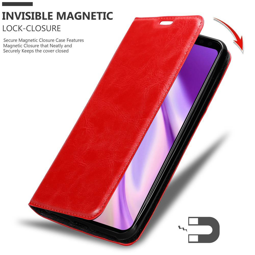 Rotes Handycover mit magnetischem Verschluss. Ein Pfeil zeigt das Öffnen an.