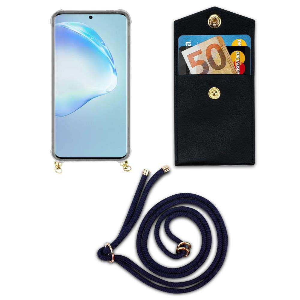 Uno smartphone in custodia, un portafoglio con 50€ e carte, e un laccio.