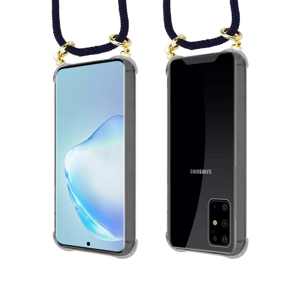 Smartphone con laccetto e cover trasparente, viste frontale e posteriore.