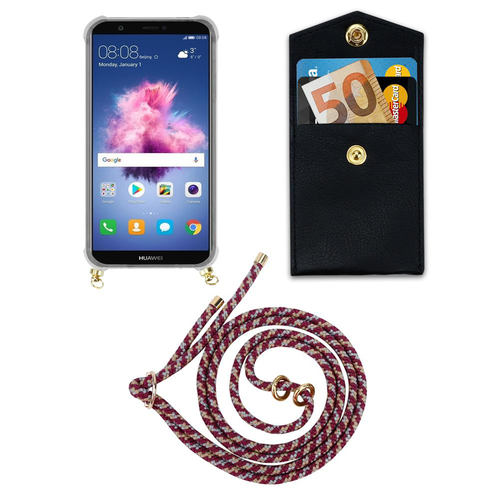 Uno smartphone in una custodia, un portafoglio con soldi e carte, e un cordino.