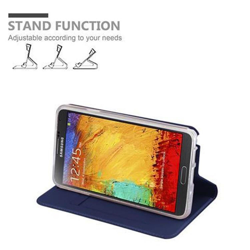 Ein blaues Handy-Case mit einem Smartphone, das auf dem Ständer steht.