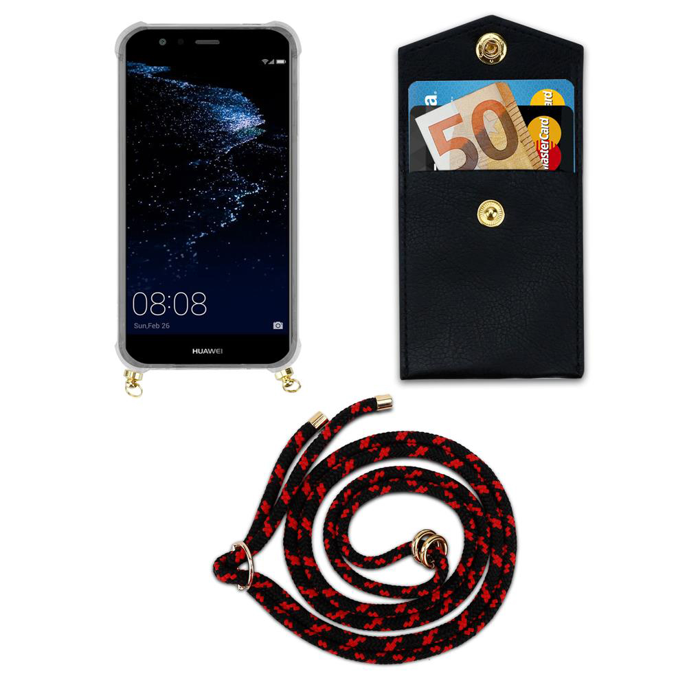 Uno smartphone Huawei, un portafoglio nero con carte e contanti, e un laccio.