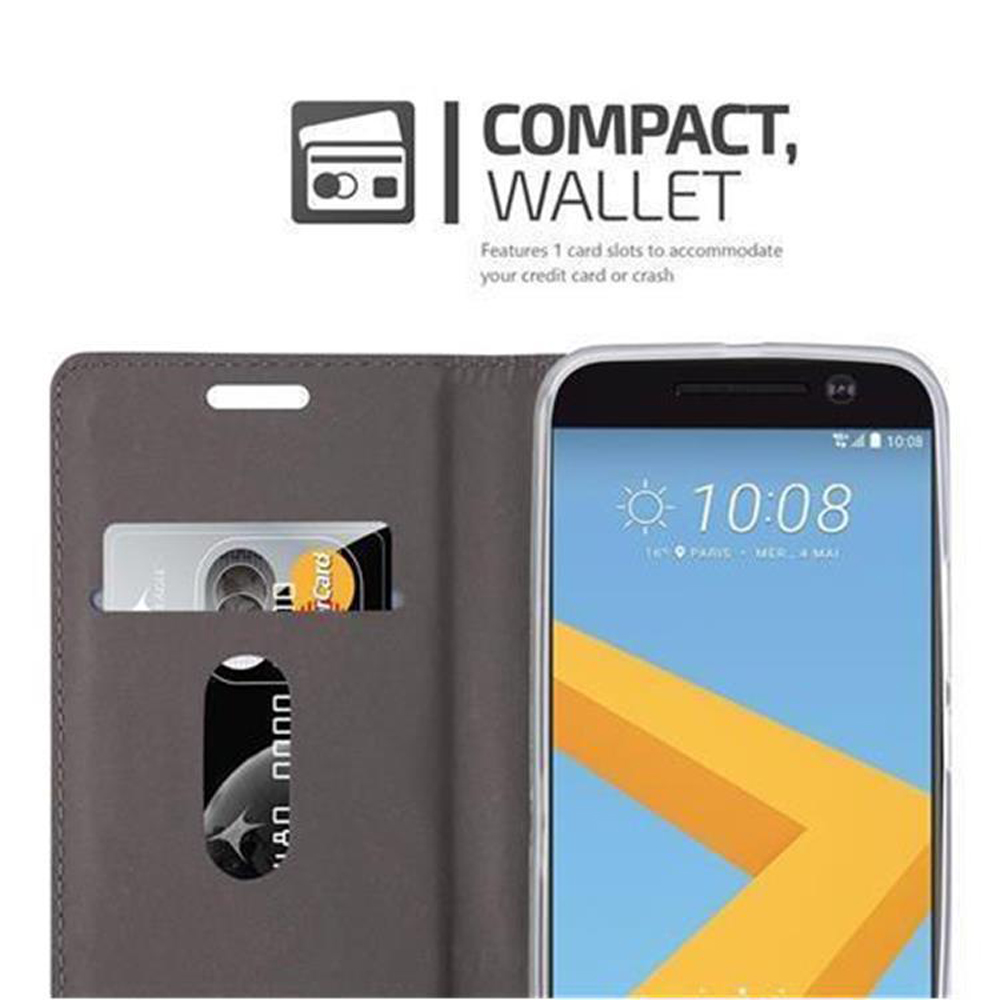 Custodia grigia per telefono con fessure per carte e schermo smartphone con orario.