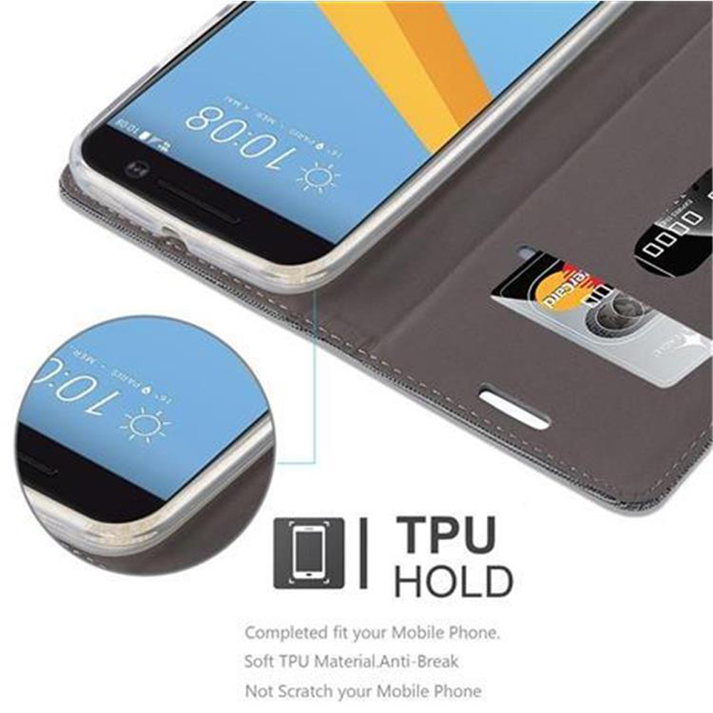 Custodia grigia per telefono con slot per carte. Mostra schermo telefono con orario.