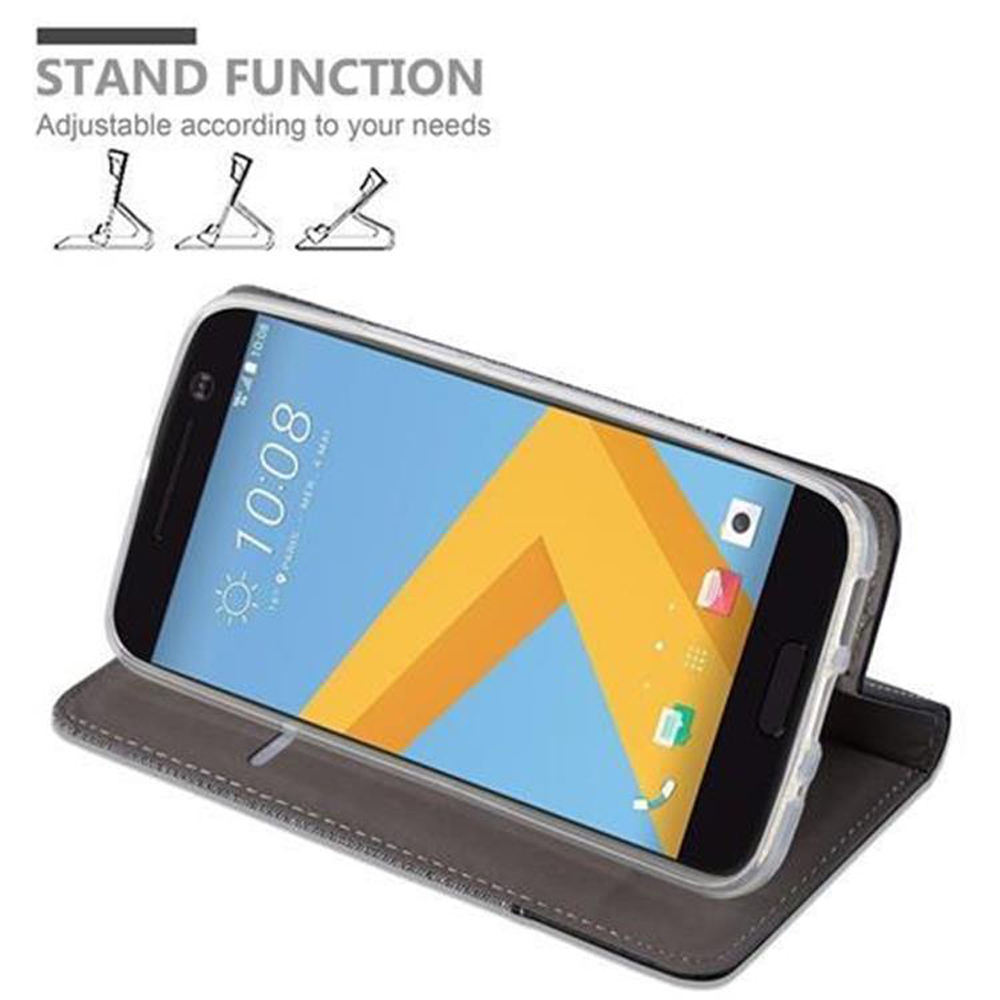 Uno smartphone in custodia grigia sta in piedi. Testo: Funzione stand.