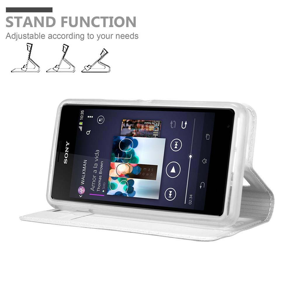 Smartphone Sony en funda blanca con función de soporte, reproduciendo música.
