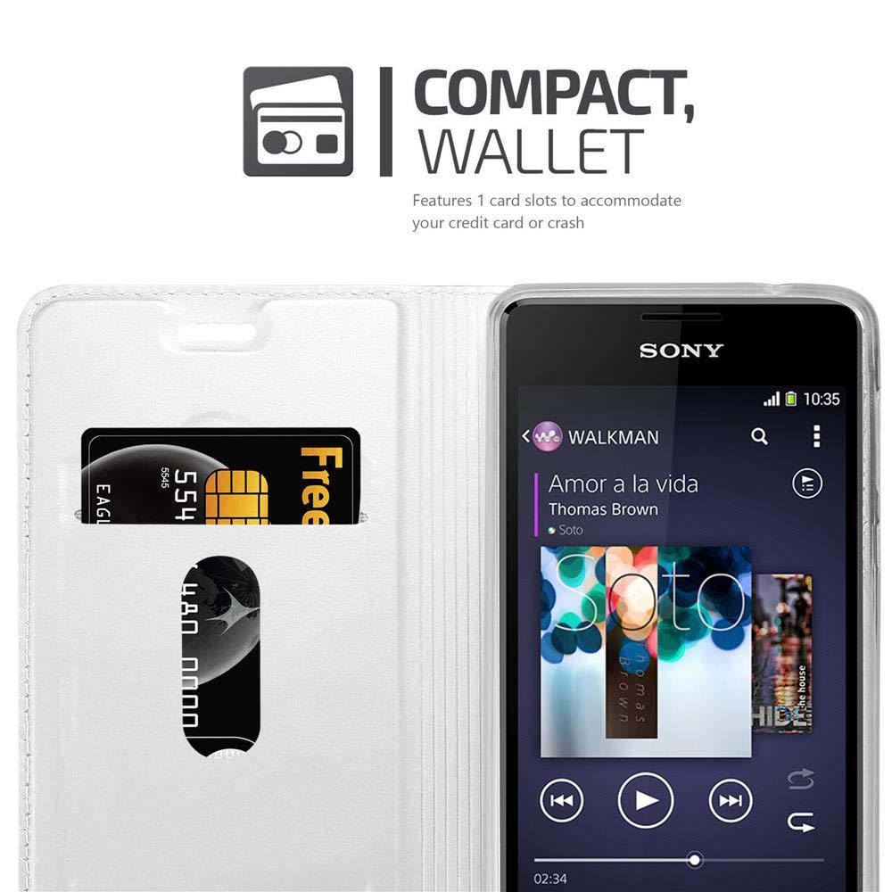 Un teléfono blanco con funda tipo cartera muestra una tarjeta de crédito y música.