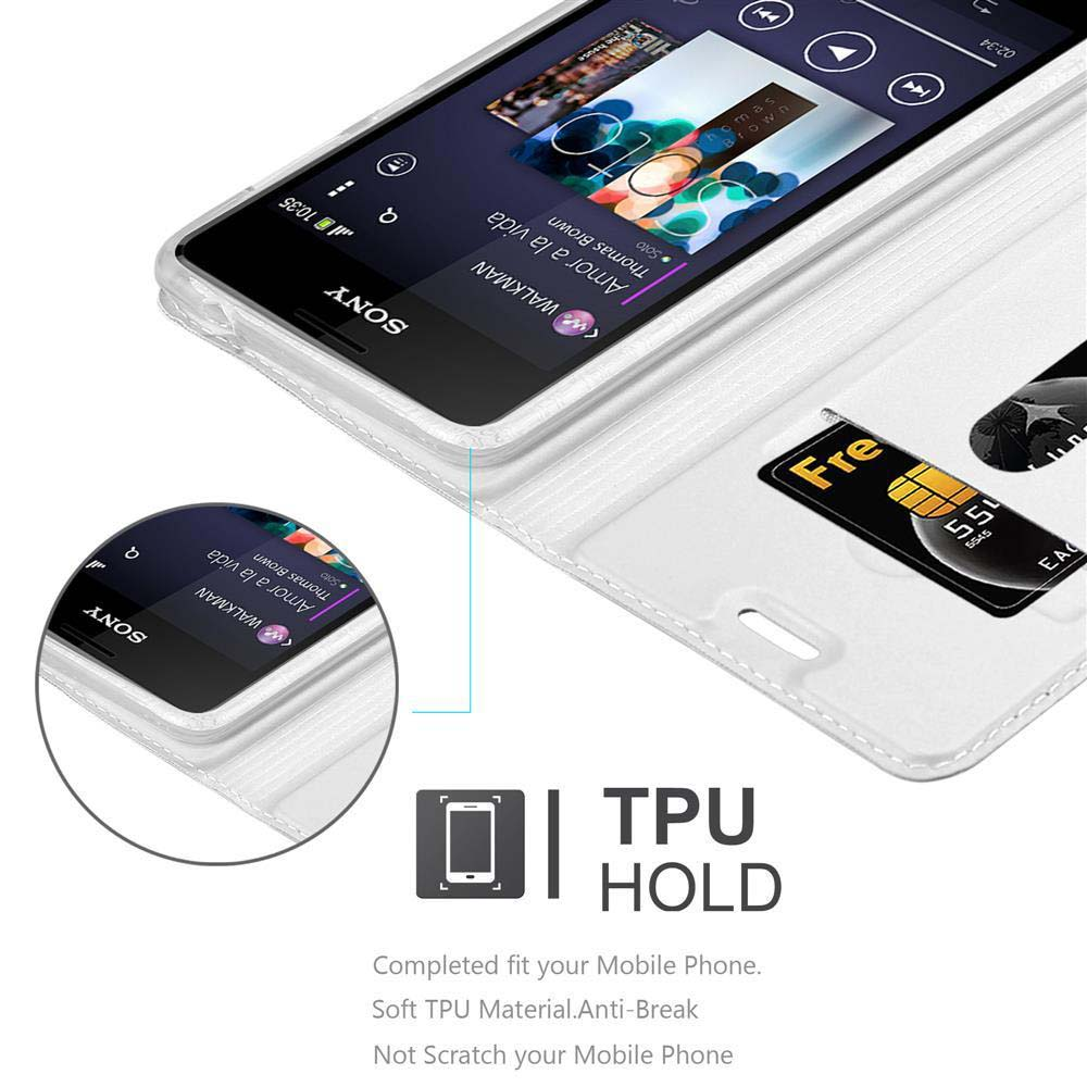 Funda blanca para teléfono con teléfono Sony reproduciendo música. Tarjeta de crédito visible.