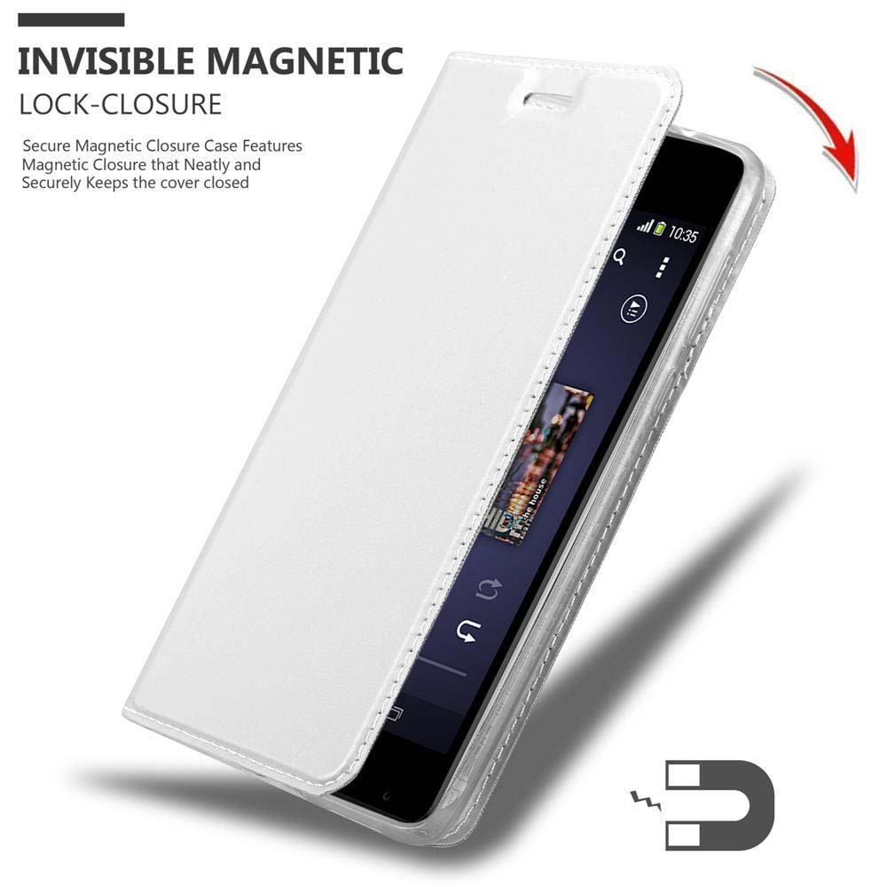 Funda blanca de cierre magnético para un teléfono mostrando 10:35 y música. Incluye texto.